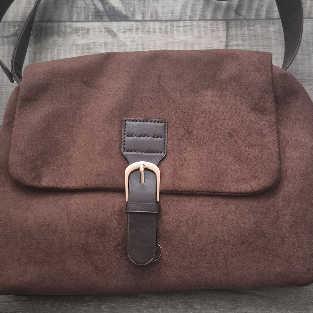 Commense Faux Suede Shoulder Bag  Buckle Strap Brown NWT - Picture 11 of 11